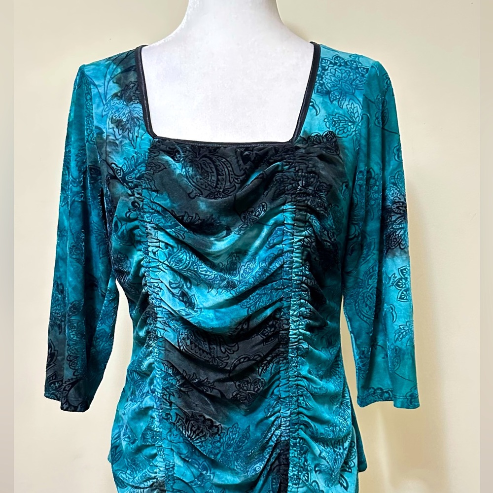 Sami & Jo Blue Green w Black Square Neckline Ruched Down Front Blouse Top LP - Picture 12 of 15